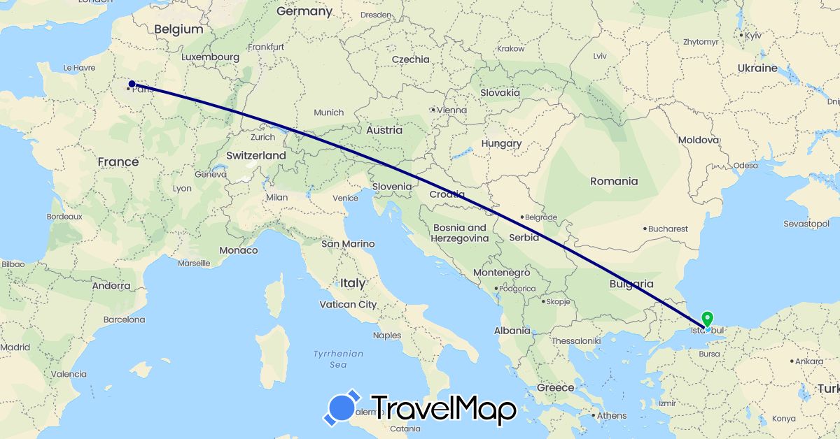 TravelMap itinerary: driving, bus, boat in France, Turkey (Asia, Europe)